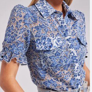 Generation Love Mina Lace Shirt in Blue/White - Size XS
